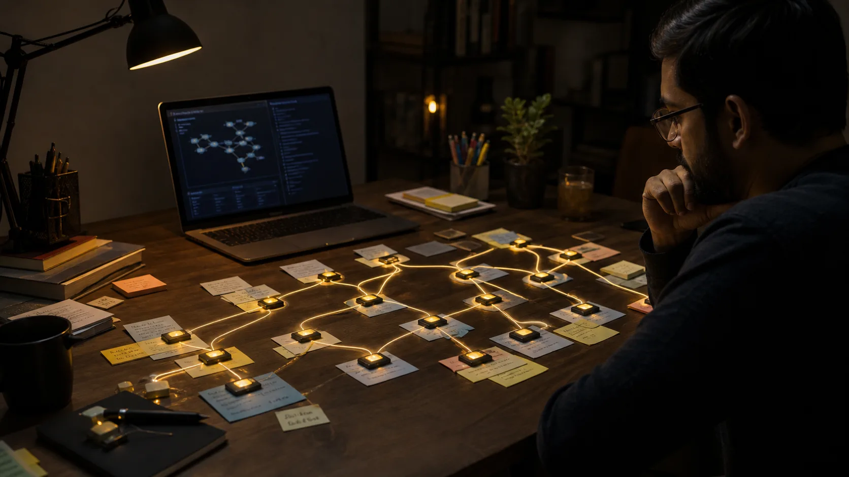 An Indian AI practitioner mapping an autonomous agent's decisions, tools, and memory