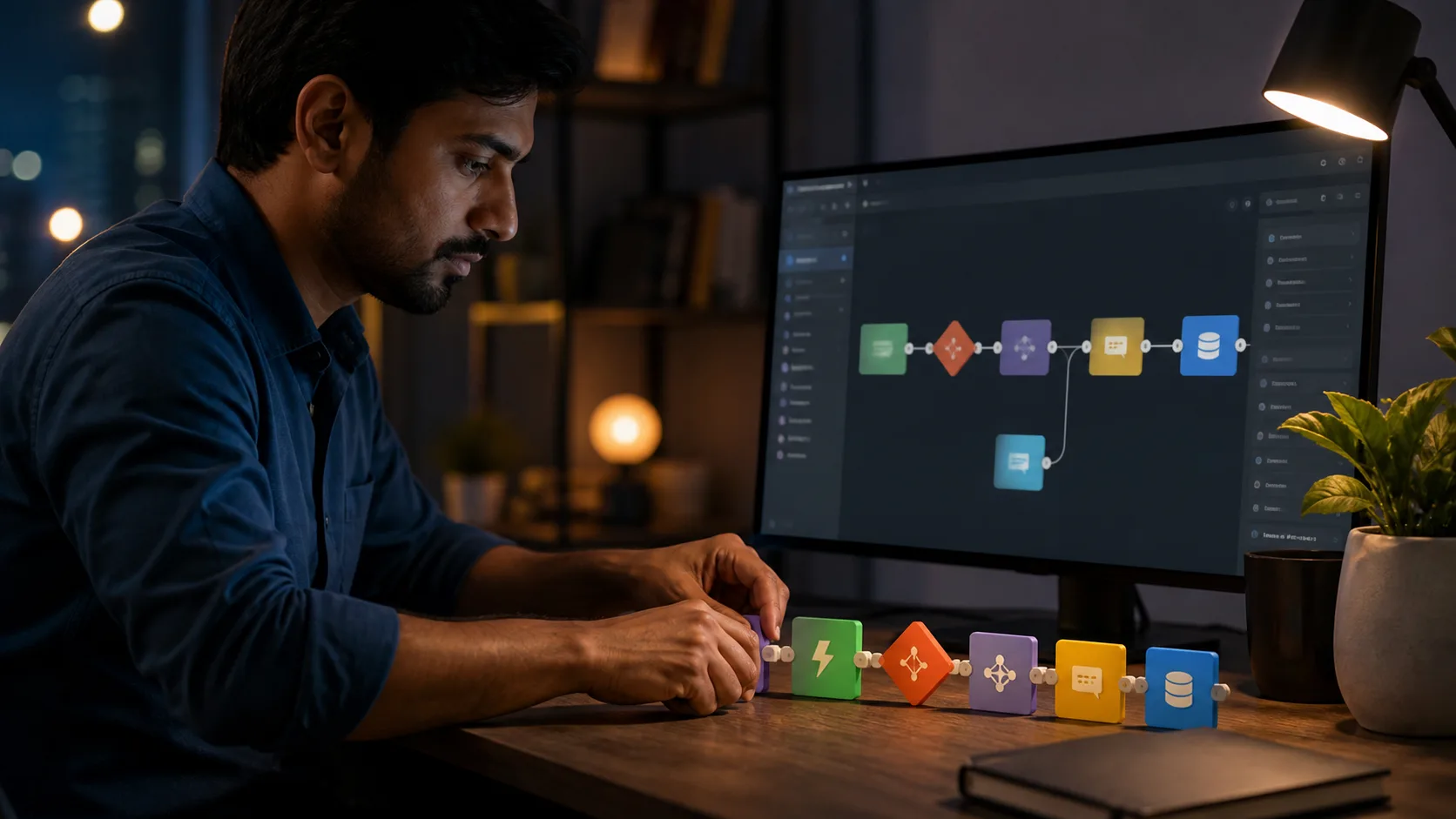 An Indian professional assembling a visual no-code AI agent workflow
