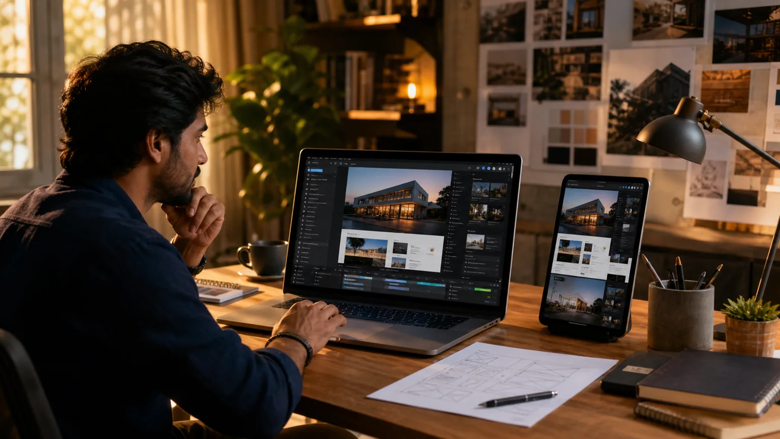 An Indian designer-developer refining a cinematic business website across responsive desktop and mobile layouts