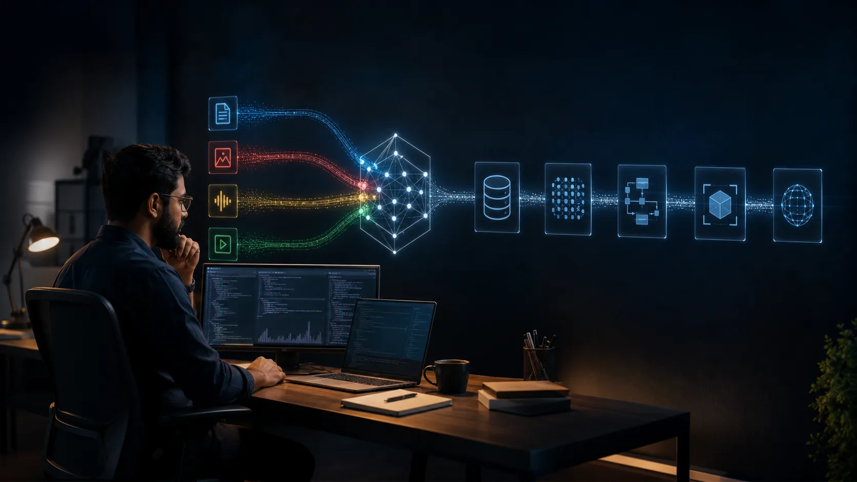 A multimodal cloud AI pipeline joining data, retrieval, models, and deployment