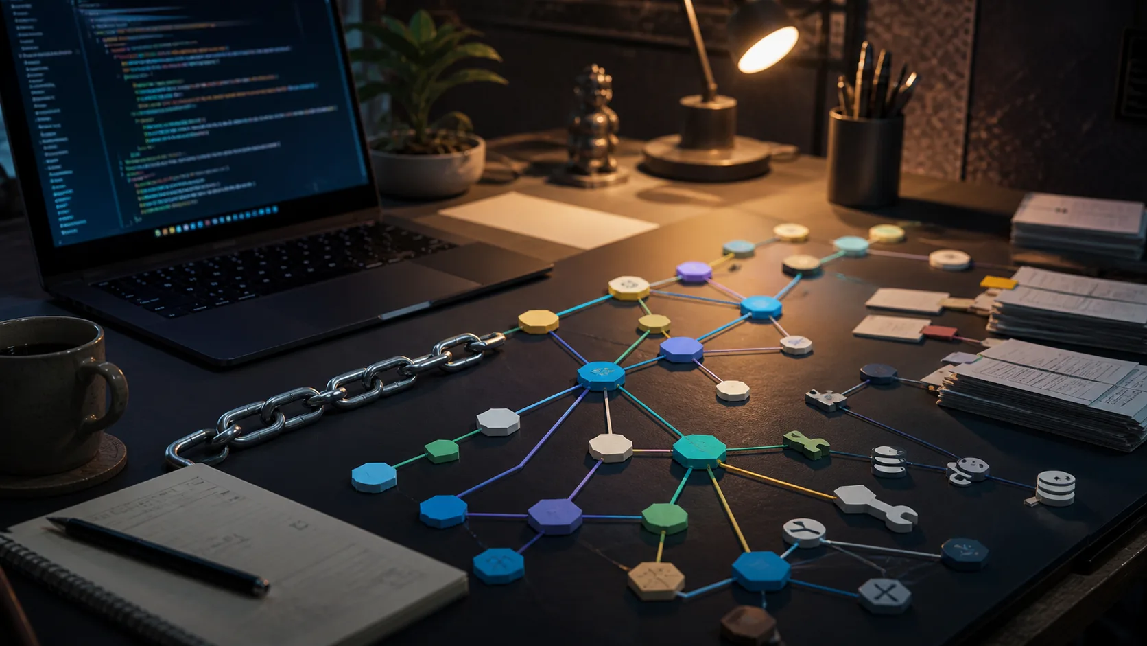A stateful multi-agent graph connected through tools, retrieval, and orchestration