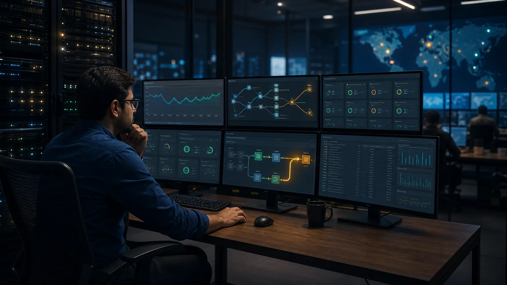An Indian DevOps engineer monitoring an AI-assisted deployment recovery workflow