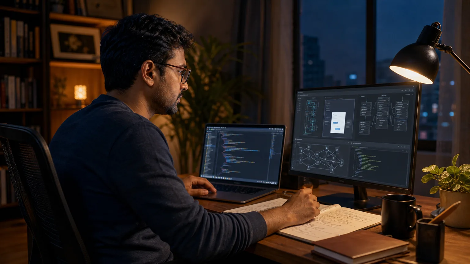 An Indian product builder reviewing a full-stack AI web application, its data model, authentication flow, and source code