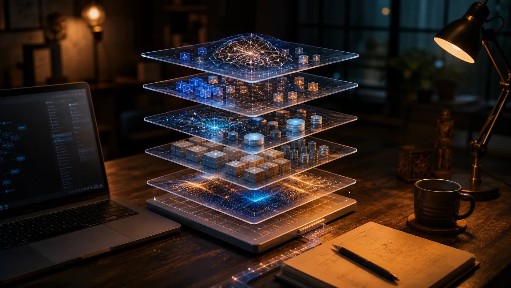 A dimensional AI engineering stack connecting models, data, retrieval, and deployment