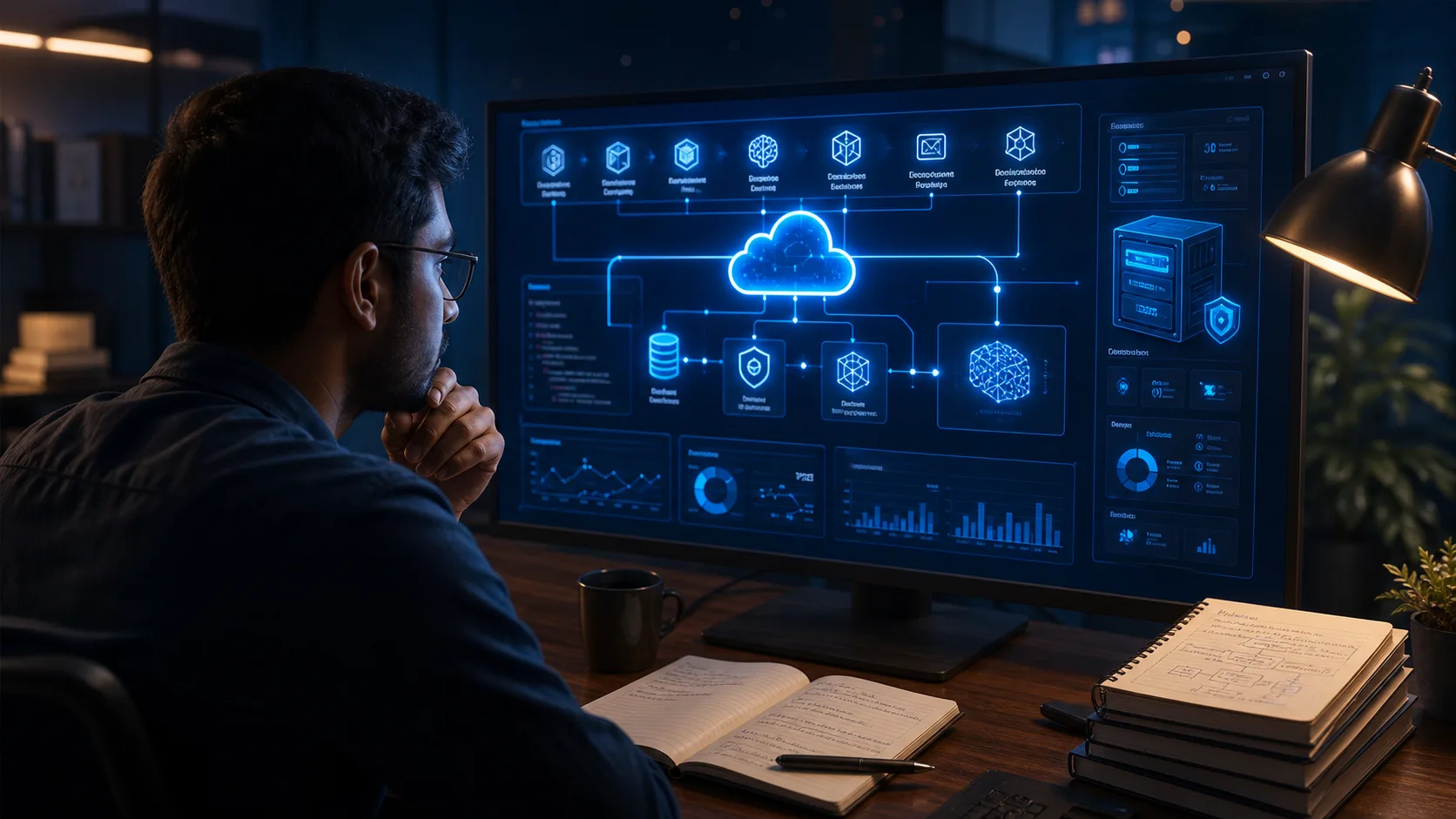 An Indian cloud engineer studying a secure enterprise AI service architecture